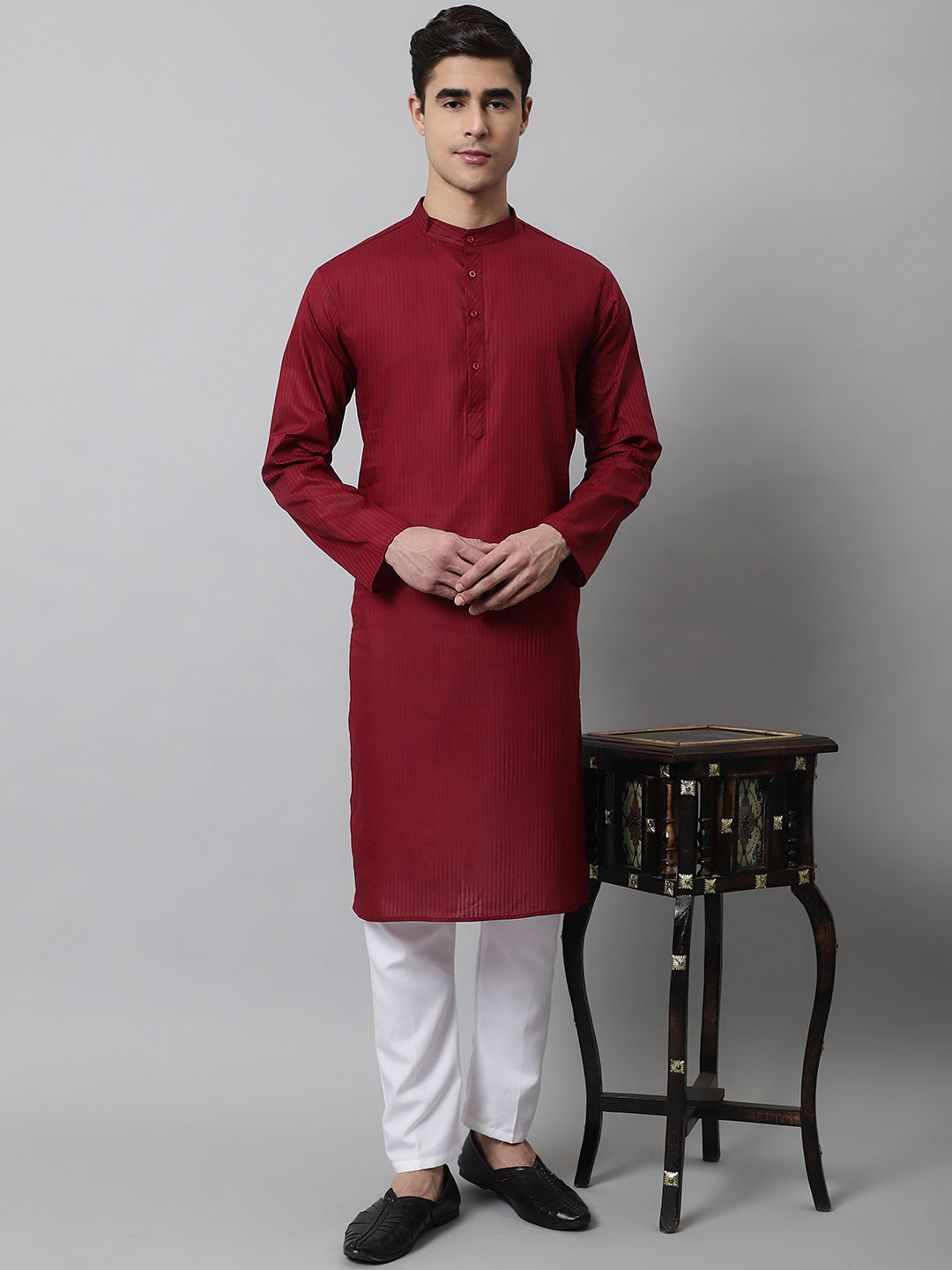 Maroon Striped Mens Kurta | Wedding Kurta for Men - Cotton