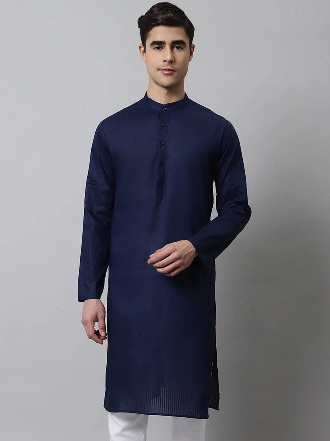 Men's Navy Blue Cotton Striped Kurtas ( KO 679Navy )-KO-679
