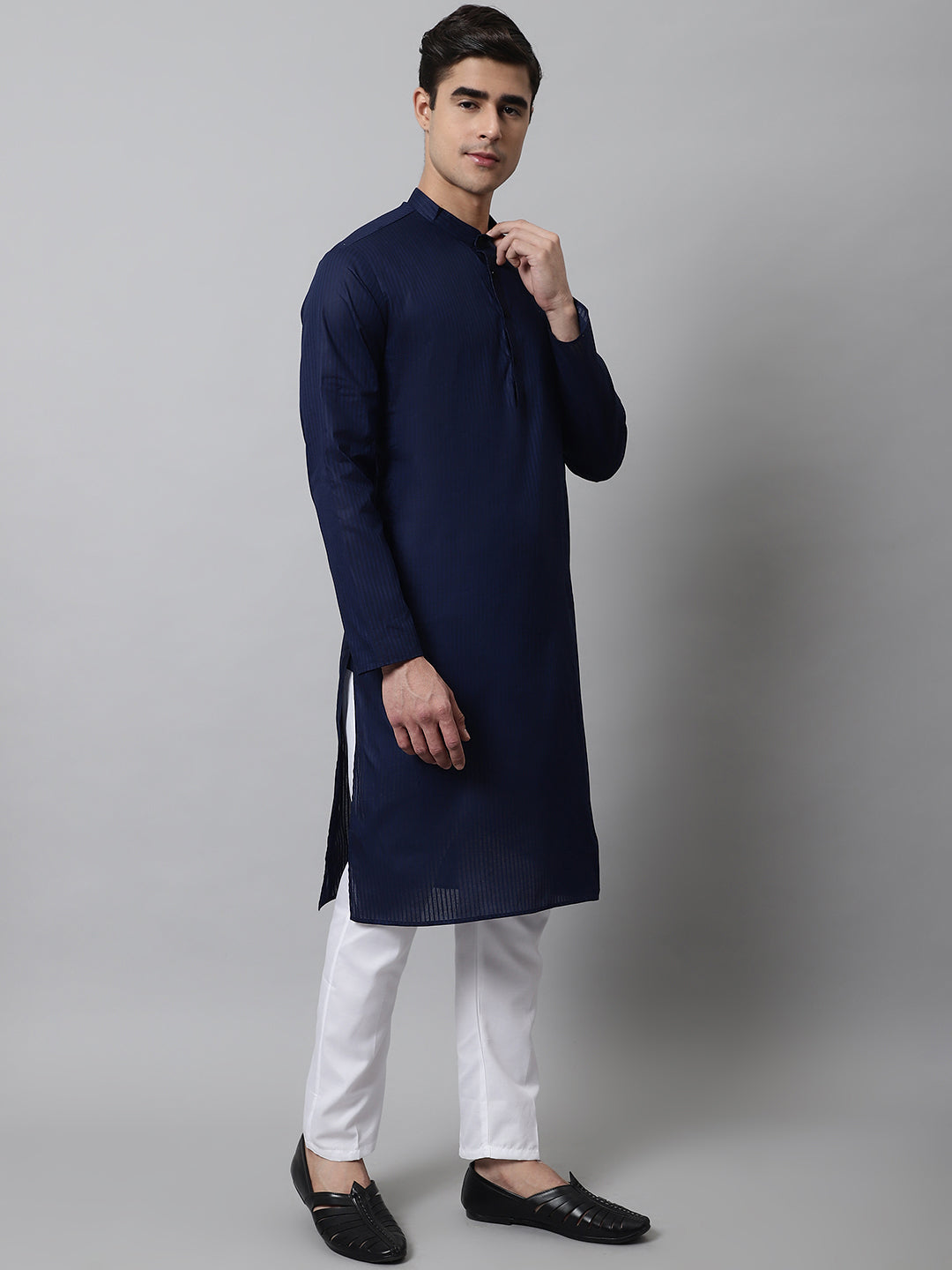 Navy Blue Cotton Mens Kurta - Modern Indian Kurta for Men