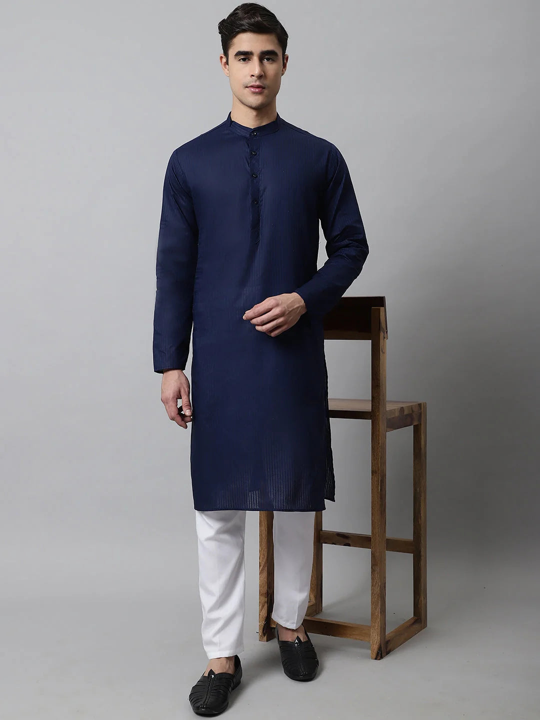 Navy Blue Cotton Mens Kurta - Modern Indian Kurta for Men