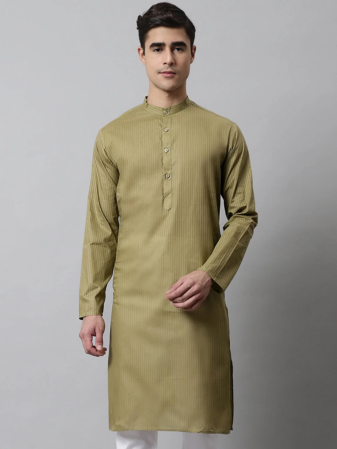Men's Olive Green Cotton Striped Kurtas ( KO 679Olive )-KO-679