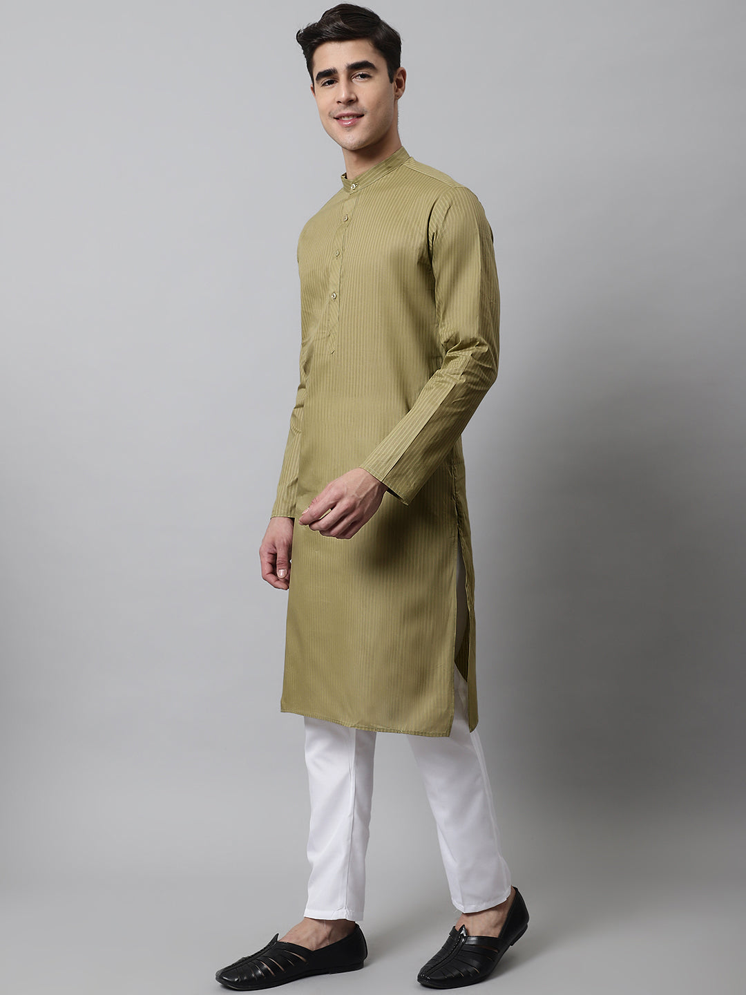 Olive Green Cotton Mens Kurta - Modern Indian Kurta for Men