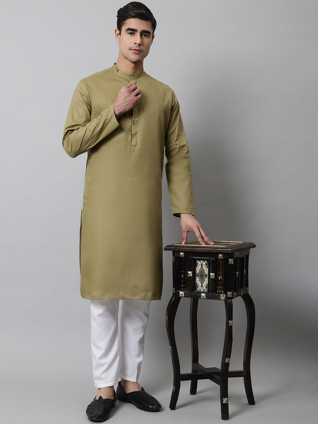 Olive Green Cotton Mens Kurta - Modern Indian Kurta for Men