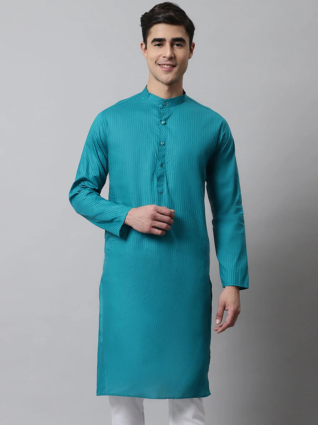 Teal Blue Cotton Striped Mens Kurta | Indian Kurta for Men