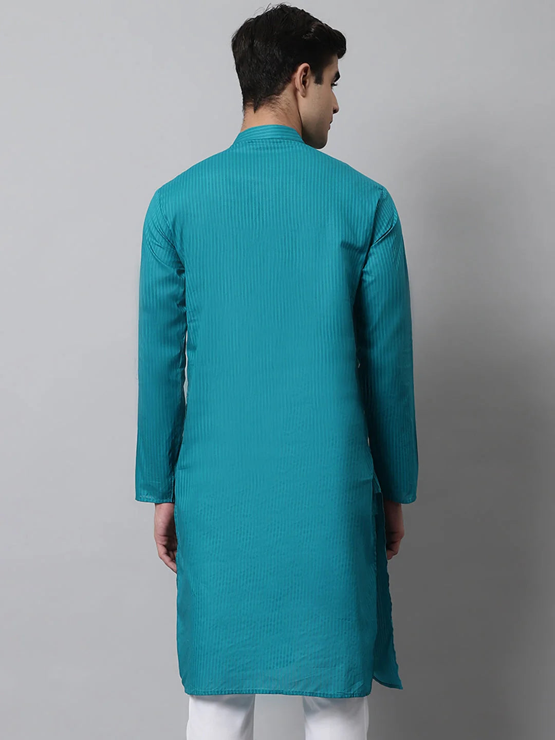 Teal Blue Cotton Striped Mens Kurta | Indian Kurta for Men