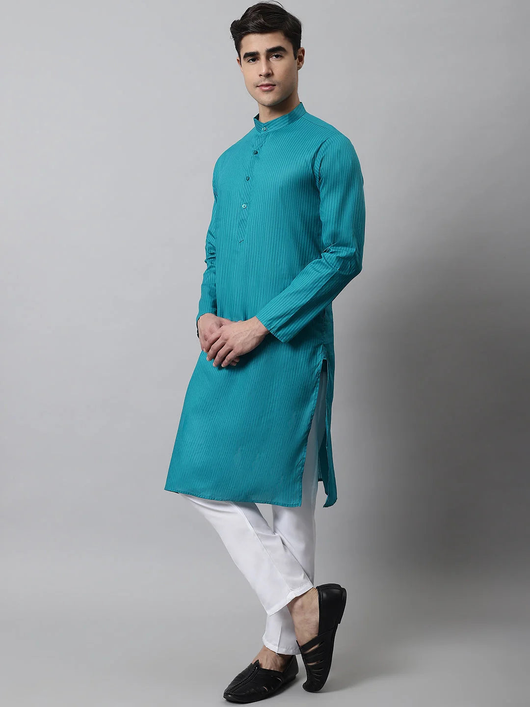 Teal Blue Cotton Striped Mens Kurta | Indian Kurta for Men