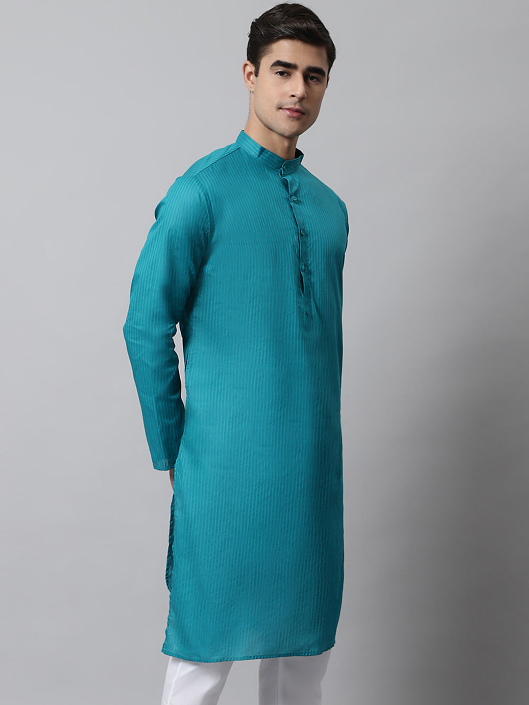Teal Blue Cotton Striped Mens Kurta | Indian Kurta for Men
