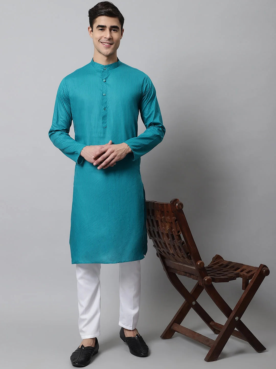 Teal Blue Cotton Striped Mens Kurta | Indian Kurta for Men