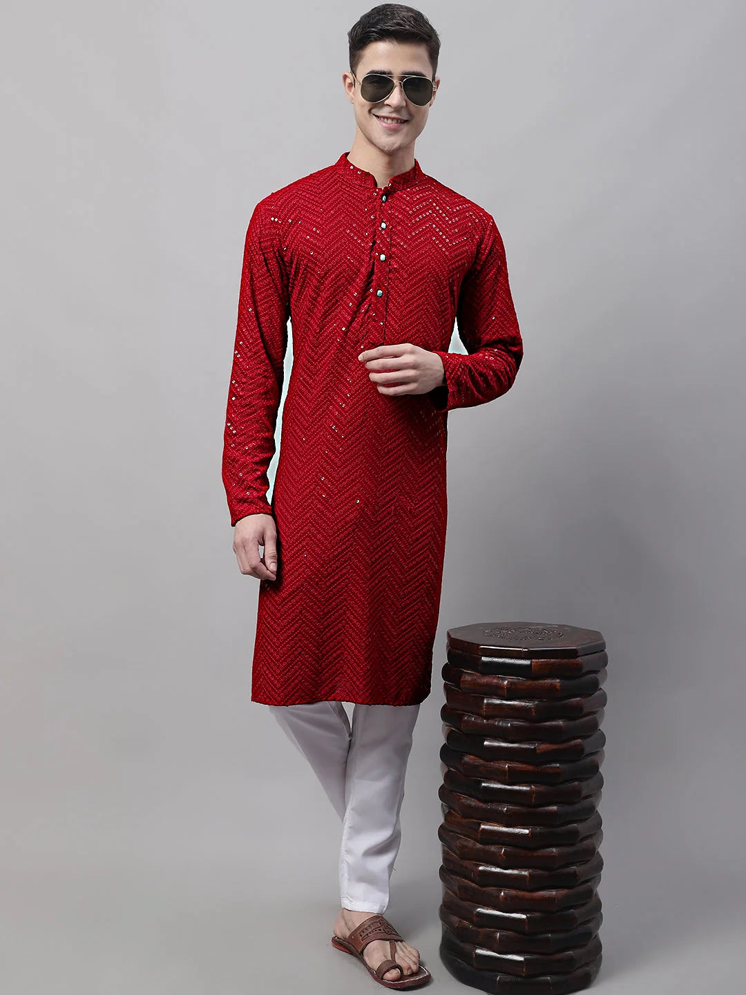Powerful Maroon Embroidered Mens Kurta - Indian Kurta for Men