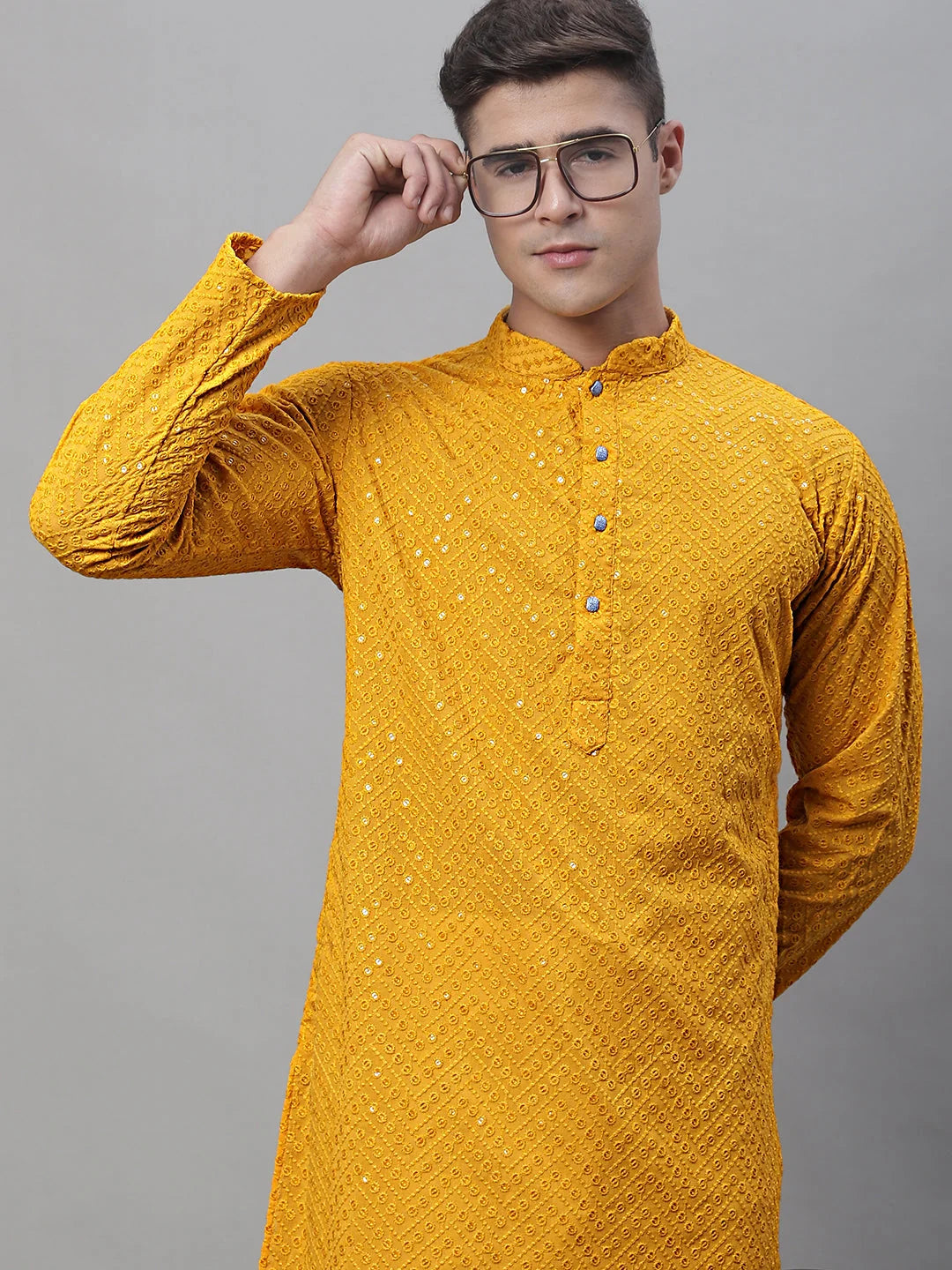 Men Mustard Embroidered Sequinned Kurtas