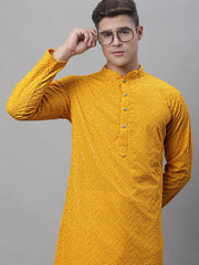 Men Mustard Embroidered Sequinned Kurtas