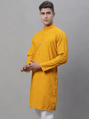Men Mustard Embroidered Sequinned Kurtas