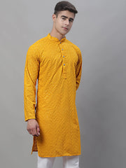 Men Mustard Embroidered Sequinned Kurtas
