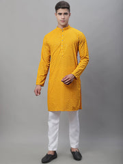 Men Mustard Embroidered Sequinned Kurtas