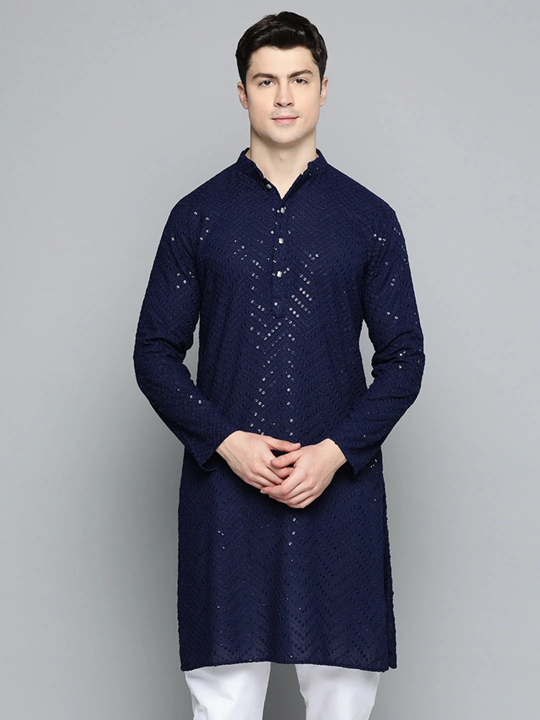 Men Navy Blue Embroidered Sequinned Kurtas ( KO 680Navy )-KO-680