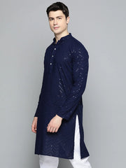 Men Navy Blue Embroidered Sequinned Kurtas ( KO 680Navy )-KO-680