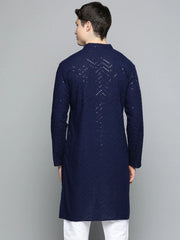 Men Navy Blue Embroidered Sequinned Kurtas ( KO 680Navy )-KO-680