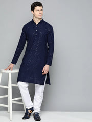 Men Navy Blue Embroidered Sequinned Kurtas ( KO 680Navy )-KO-680