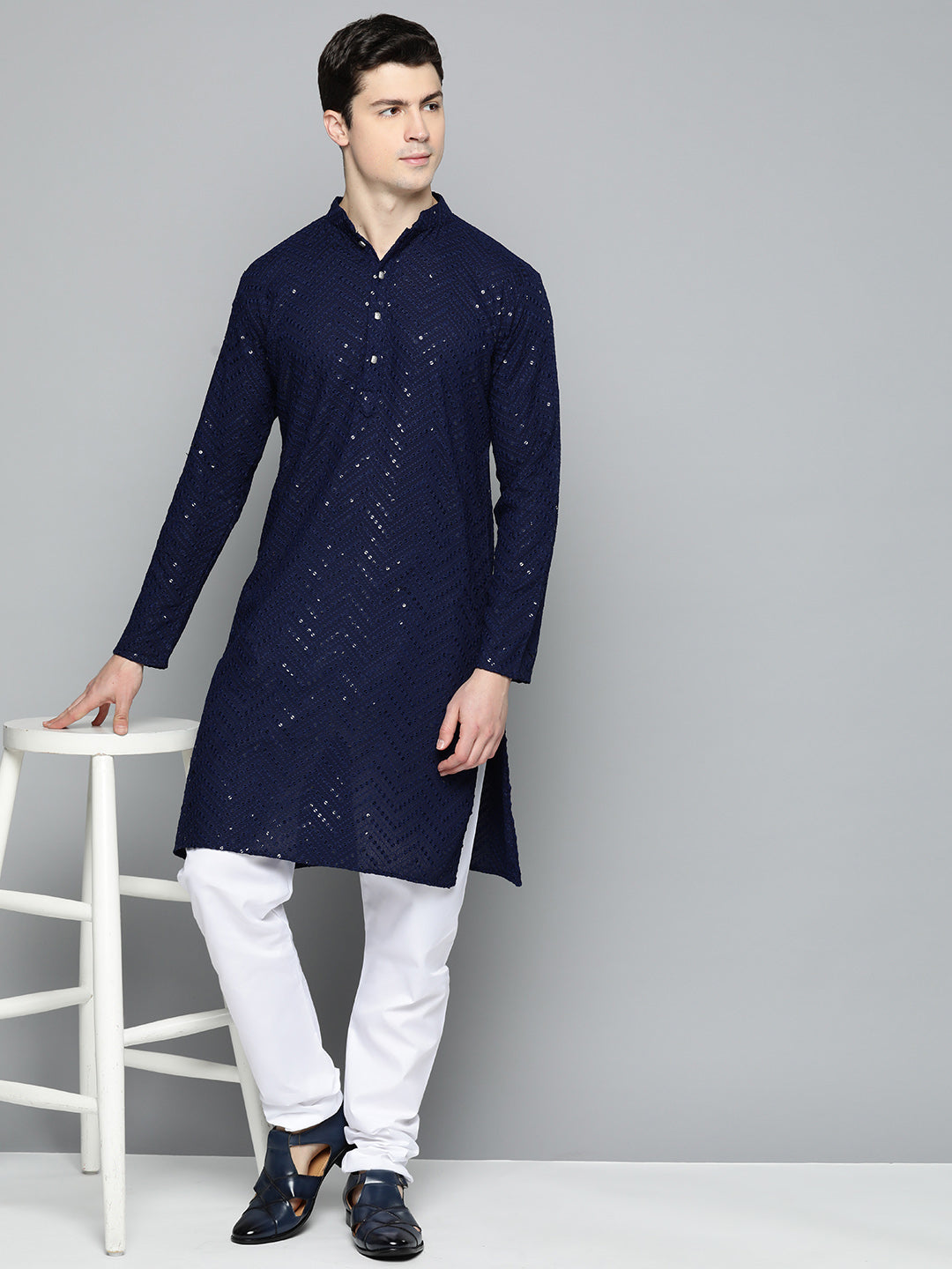 Trending Navy Blue Embroidered Mens Kurta | Indian Kurta for Men