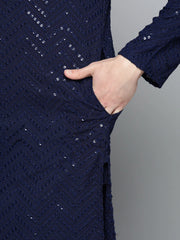 Men Navy Blue Embroidered Sequinned Kurtas ( KO 680Navy )-KO-680