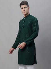 Men Olive Green Embroidered Sequinned Kurtas