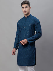 Men Peacock Blue Embroidered Sequinned Kurtas