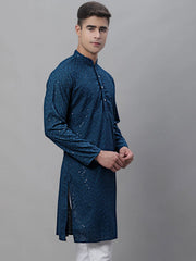 Men Peacock Blue Embroidered Sequinned Kurtas
