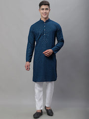 Men Peacock Blue Embroidered Sequinned Kurtas
