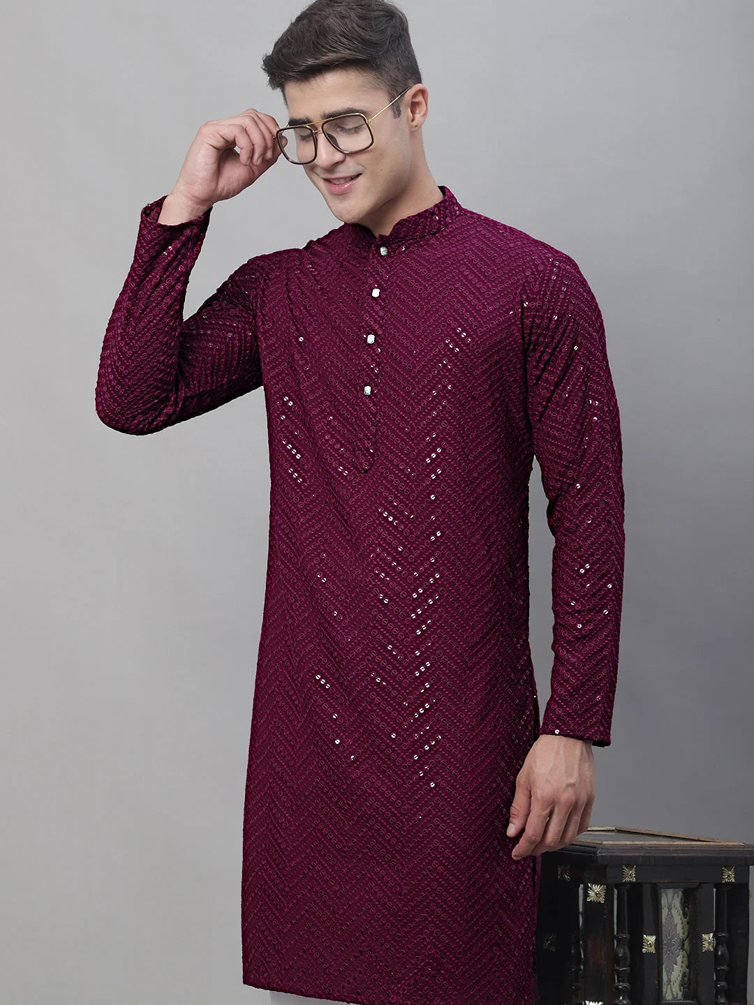 Purple Mens Kurta: Embroidered Indian Kurta for Men