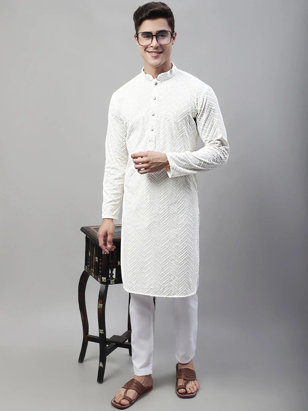 White Embroidered Mens Kurta | Indian Kurta for Men Online
