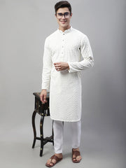 Men White Embroidered Sequinned Kurtas-KO-680