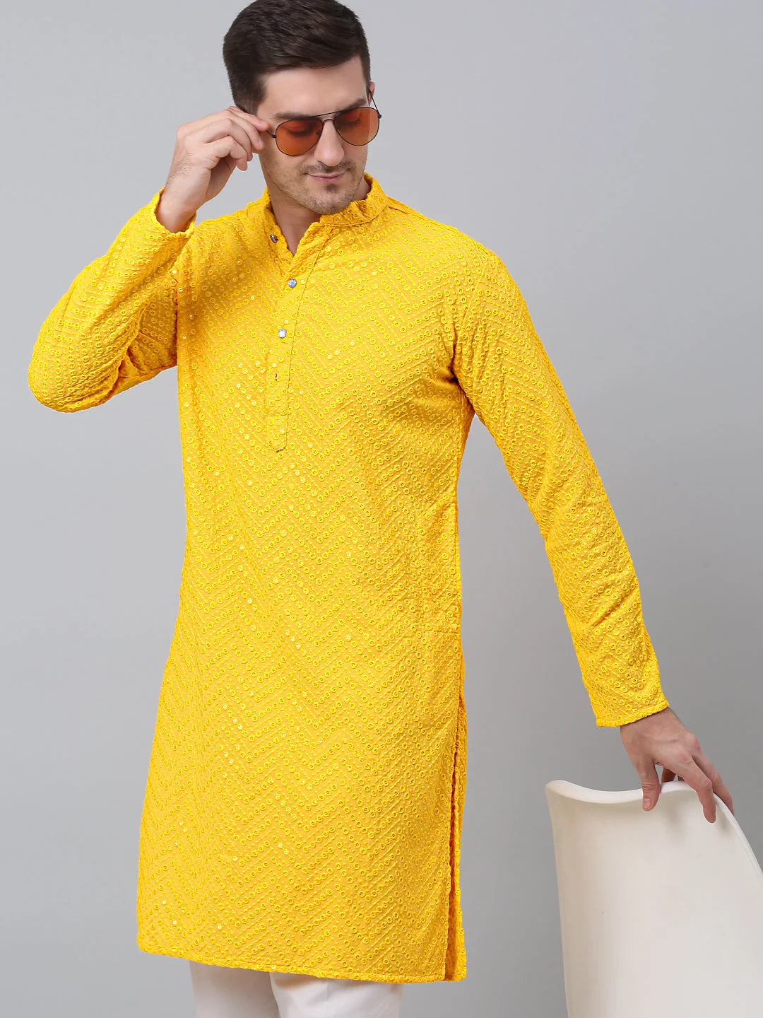 Yellow Embroidered Sequinned Mens Kurta | Wedding Kurta for Men