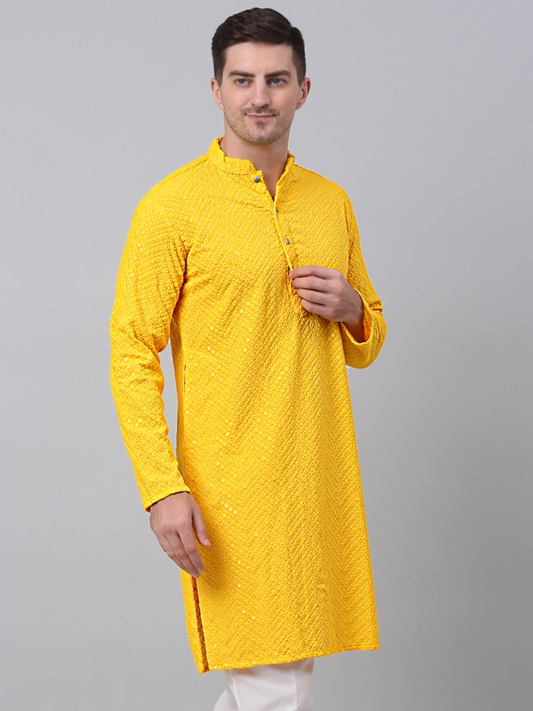 Yellow Embroidered Sequinned Mens Kurta | Wedding Kurta for Men