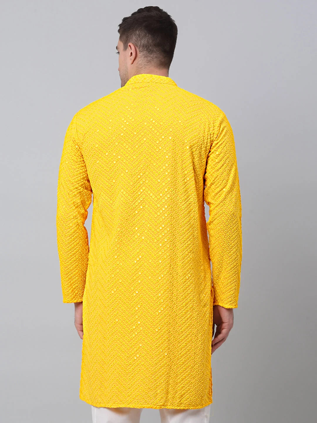 Yellow Embroidered Sequinned Mens Kurta | Wedding Kurta for Men