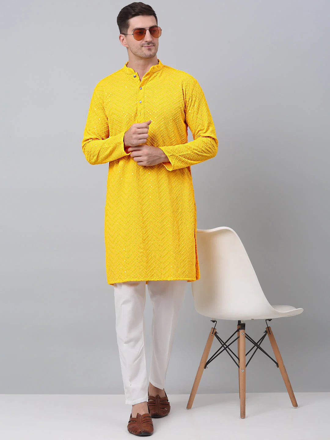 Yellow Embroidered Sequinned Mens Kurta | Wedding Kurta for Men