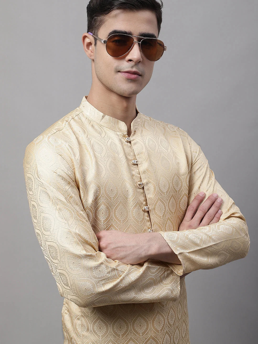 Men Ethnic Beige Woven Design Kurtas-KO-681