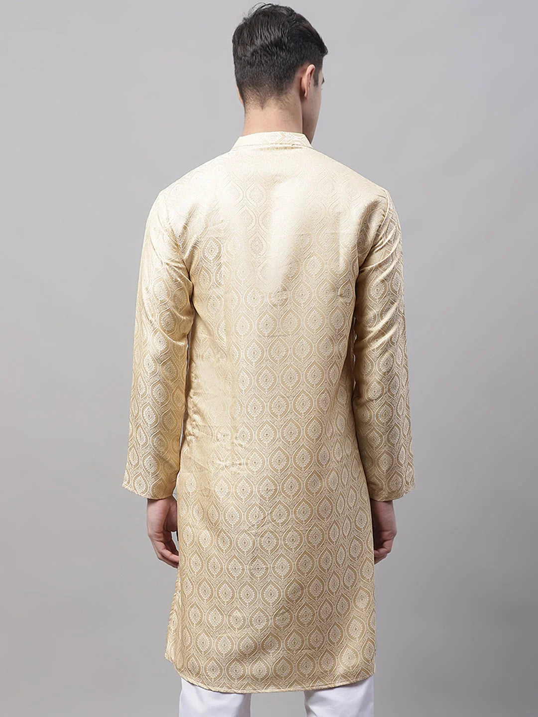 Beige Cotton Men's Kurta: Indian Ethnic Woven Design