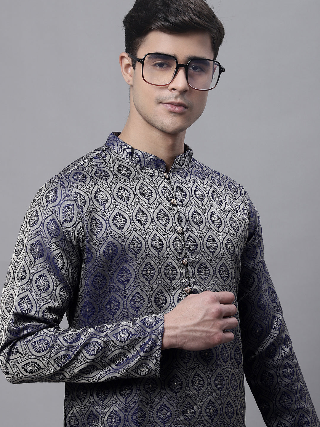 Navy Blue Woven Design Mens Kurta - Indian Kurta for Men