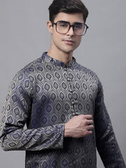 Men Ethnic Navy Blue Woven Design Kurtas-KO-681