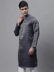 Men Ethnic Navy Blue Woven Design Kurtas-KO-681