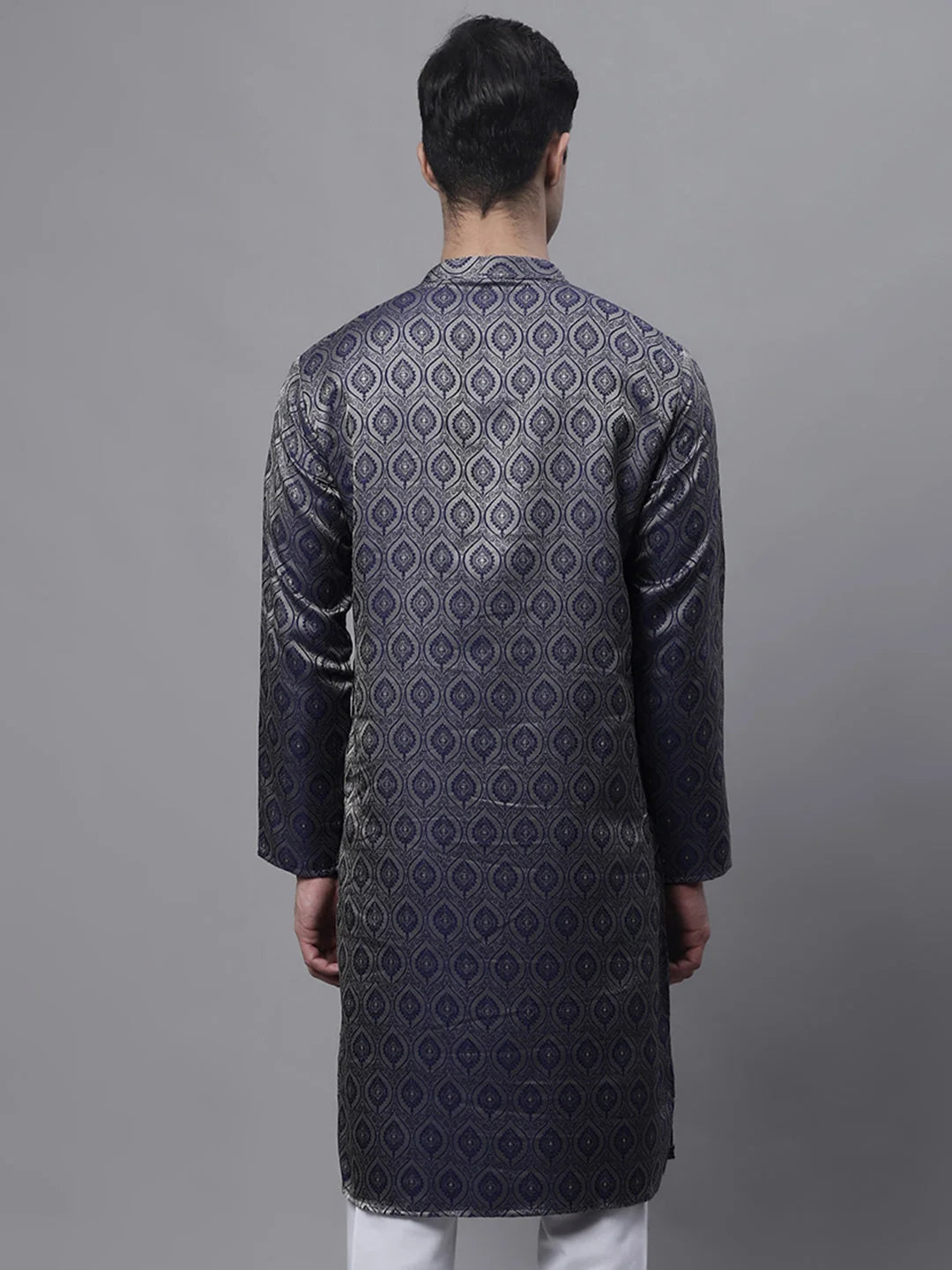 Navy Blue Woven Design Mens Kurta - Indian Kurta for Men