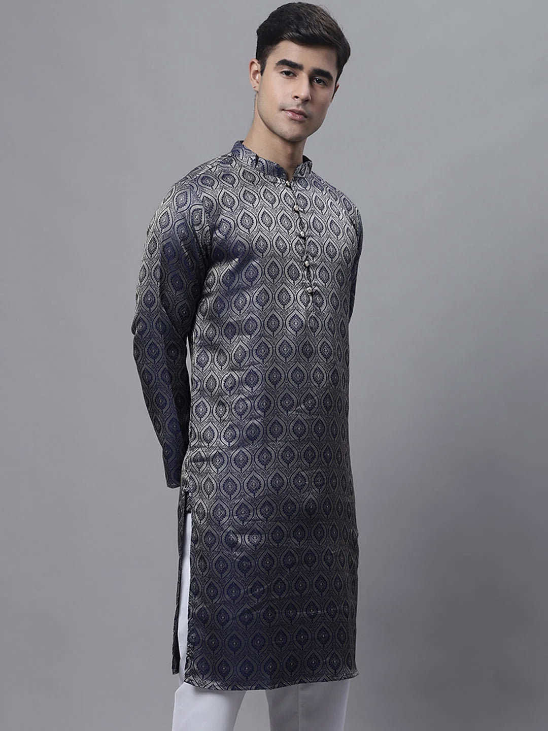 Navy Blue Woven Design Mens Kurta - Indian Kurta for Men