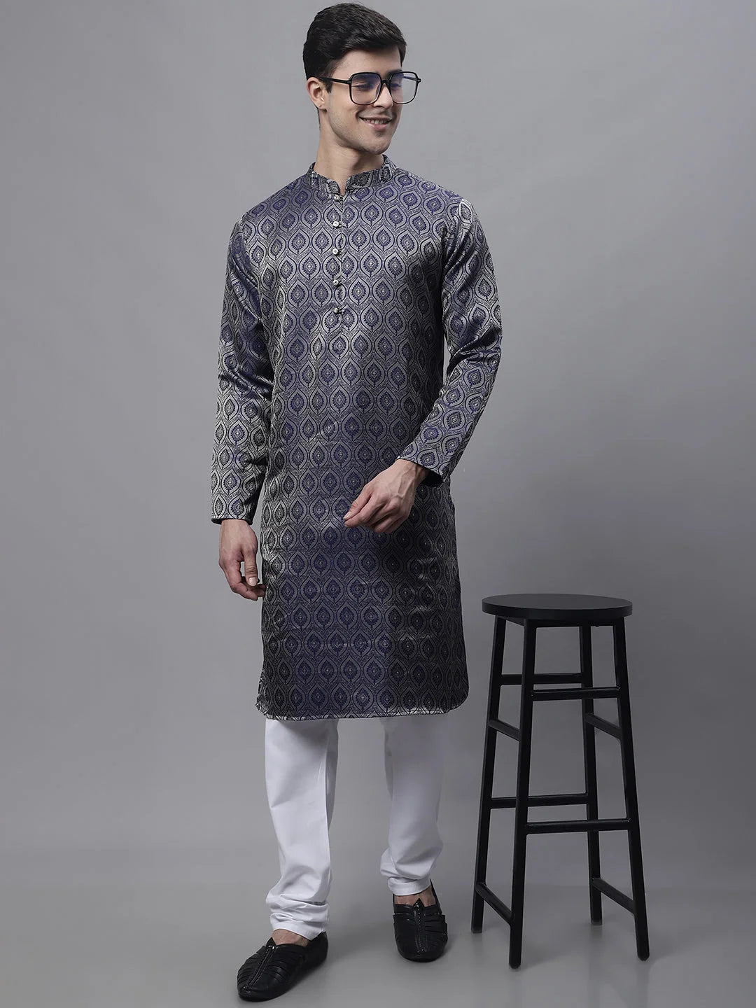 Navy Blue Woven Design Mens Kurta - Indian Kurta for Men