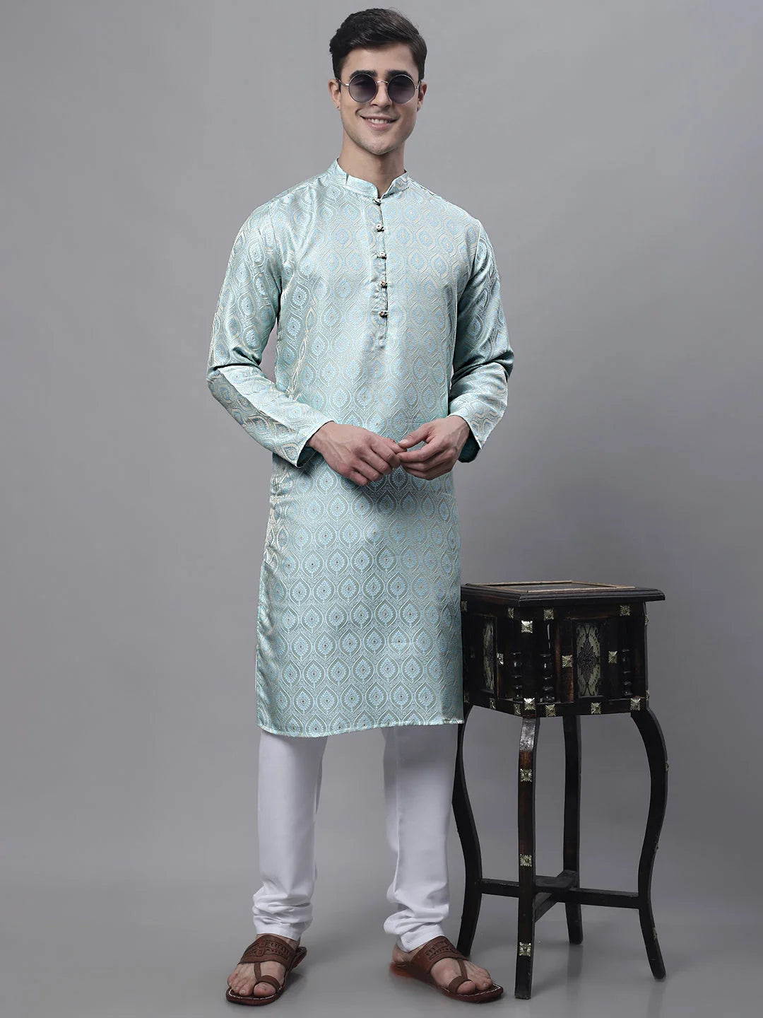 Sky Blue Woven Design Mens Kurta | Indian Kurta for Men