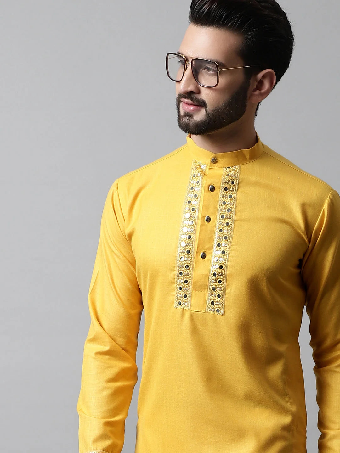 Men Yellow Embroidered Kurtas ( KO 682Yellow )-KO-682