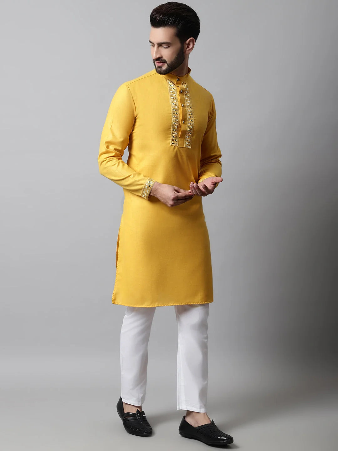 Yellow Embroidered Men's Kurta - Indian Kurta Collection