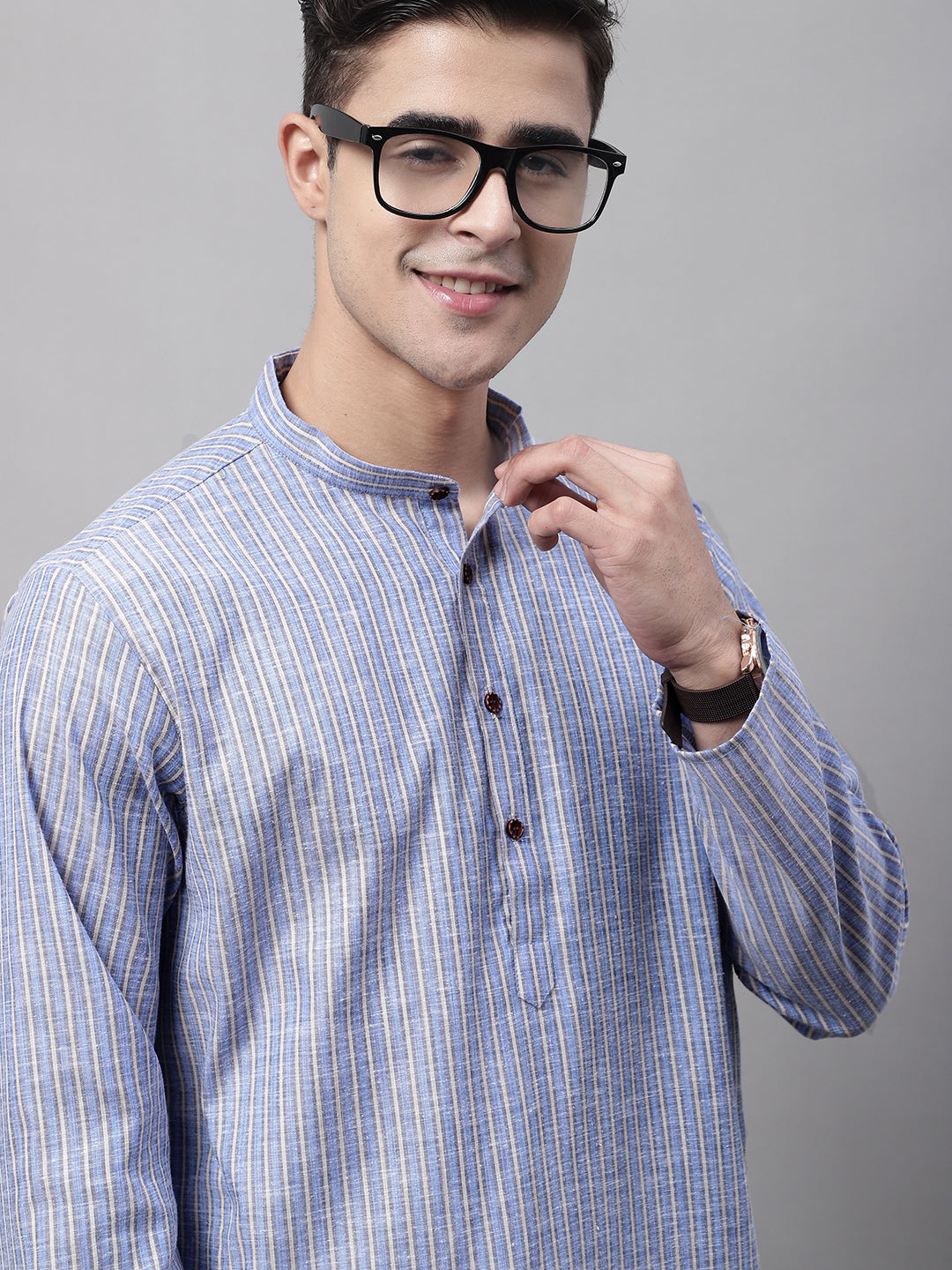 Blue & White Striped Men's Kurta: Casual Indian Kurta