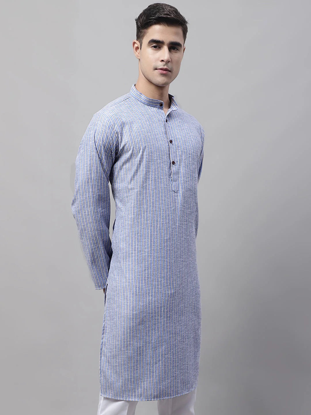Blue & White Striped Men's Kurta: Casual Indian Kurta