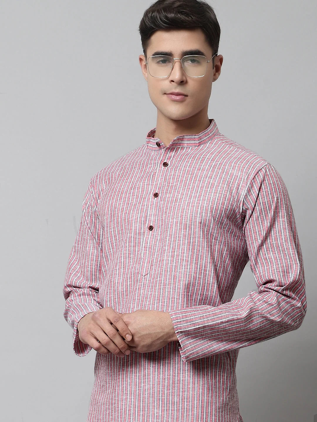 Coral Red Striped Mens Kurta | Indian Kurta for Men Online