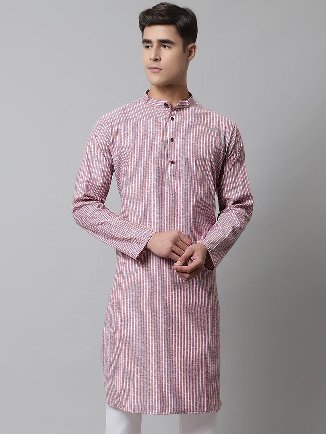 Coral Red Striped Mens Kurta | Indian Kurta for Men Online